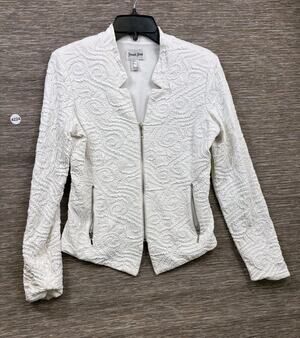 French Twist Jacket Womens Sz 10 White Paisley Full Zip Lined Collarless Pockets